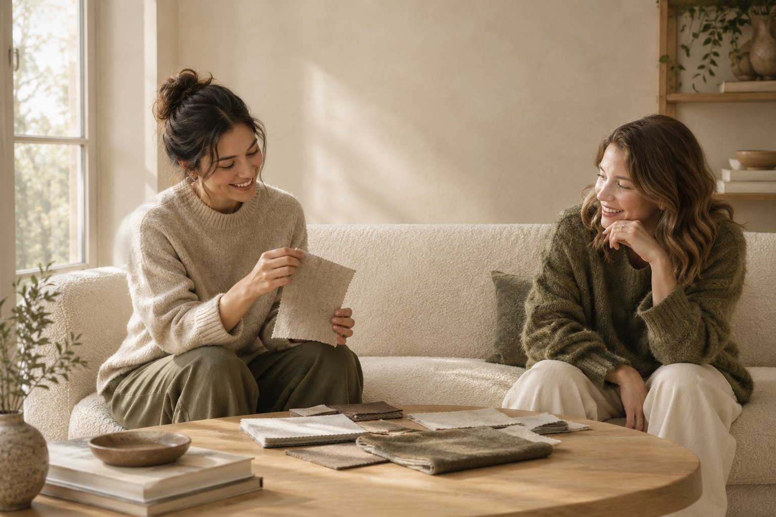 A calm, lived-in room styled with natural materials